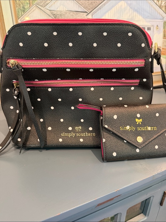 Simply Southern Handbags - Simply Southern Black Polka Dot Crossbody with Pink Trim and Matching Wallet